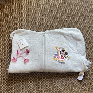 Disneyland Bundle w/Gray Zip-Up Hoodie with Mickey Mouse, necklace and hair ties